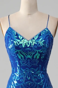 Vestido de baile de formatura azul real sereia brilhante com fenda