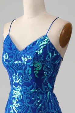 Vestido de baile de formatura azul real sereia brilhante com fenda