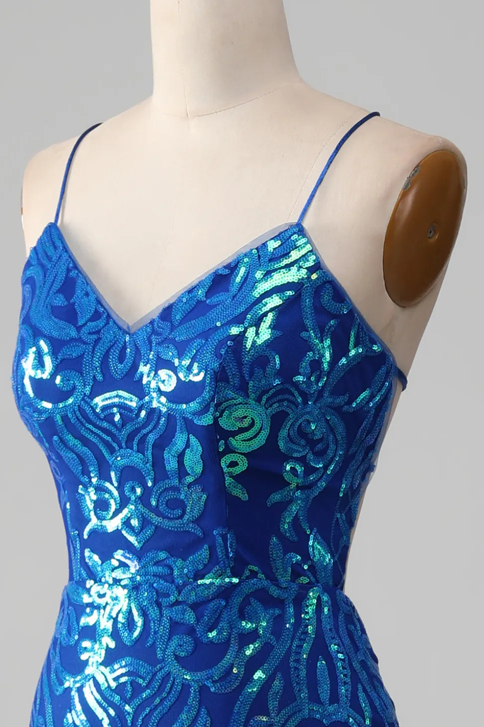Vestido de baile de formatura azul real sereia brilhante com fenda