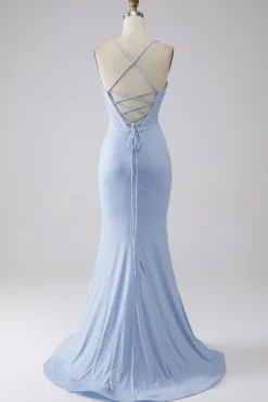 Vestido de baile de formatura de sereia azul claro brilhante com fenda