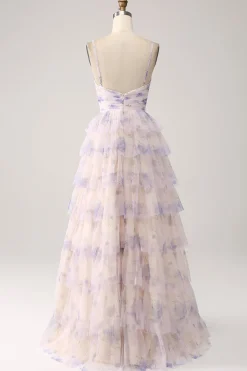 Vestido de baile de formatura de princesa em camadas de flor de lavanda com pregas