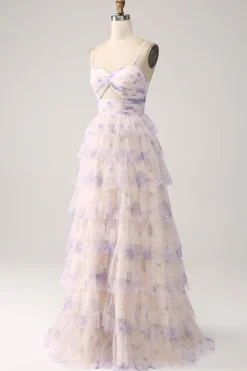 Vestido de baile de formatura de princesa em camadas de flor de lavanda com pregas