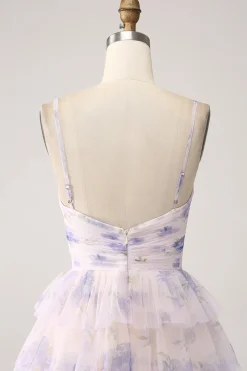 Vestido de baile de formatura de princesa em camadas de flor de lavanda com pregas