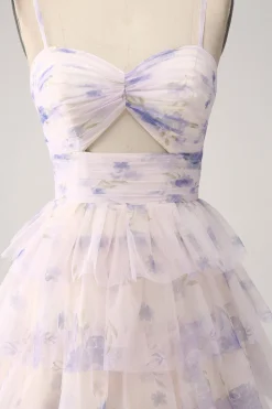 Vestido de baile de formatura de princesa em camadas de flor de lavanda com pregas