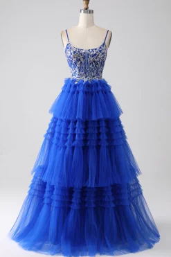 Vestido de baile de formatura azul real com lantejoulas