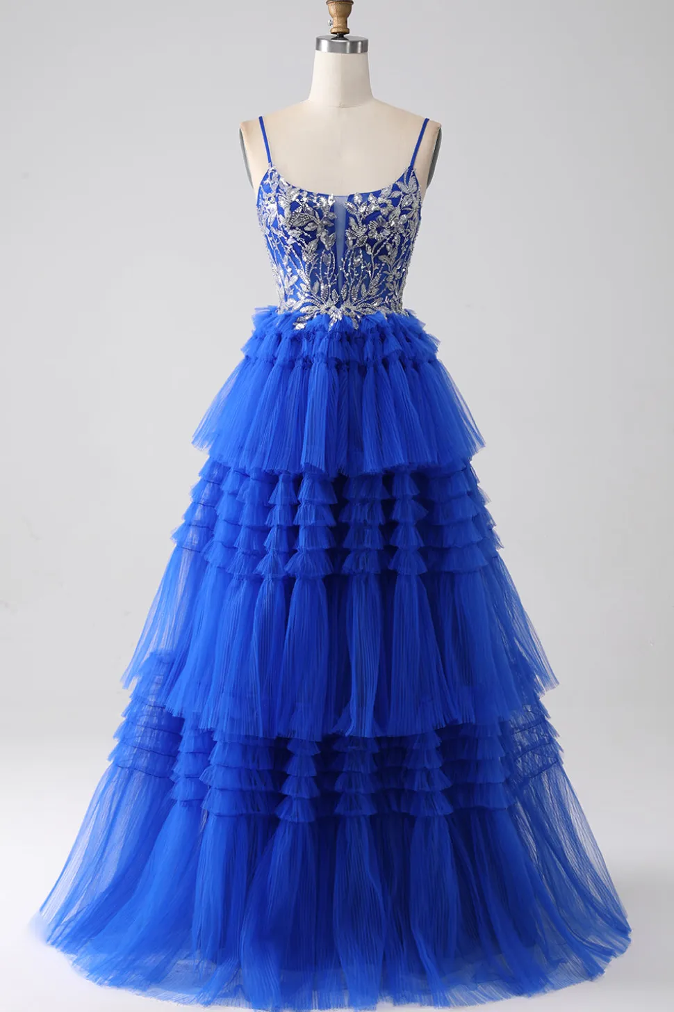 Vestido de baile de formatura azul real com lantejoulas