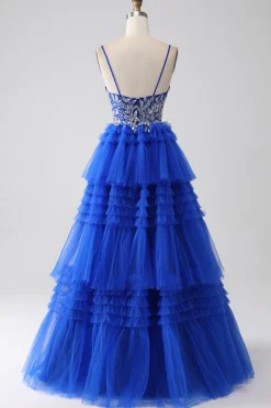Vestido de baile de formatura azul real com lantejoulas