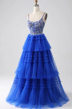 Vestido de baile de formatura azul real com lantejoulas