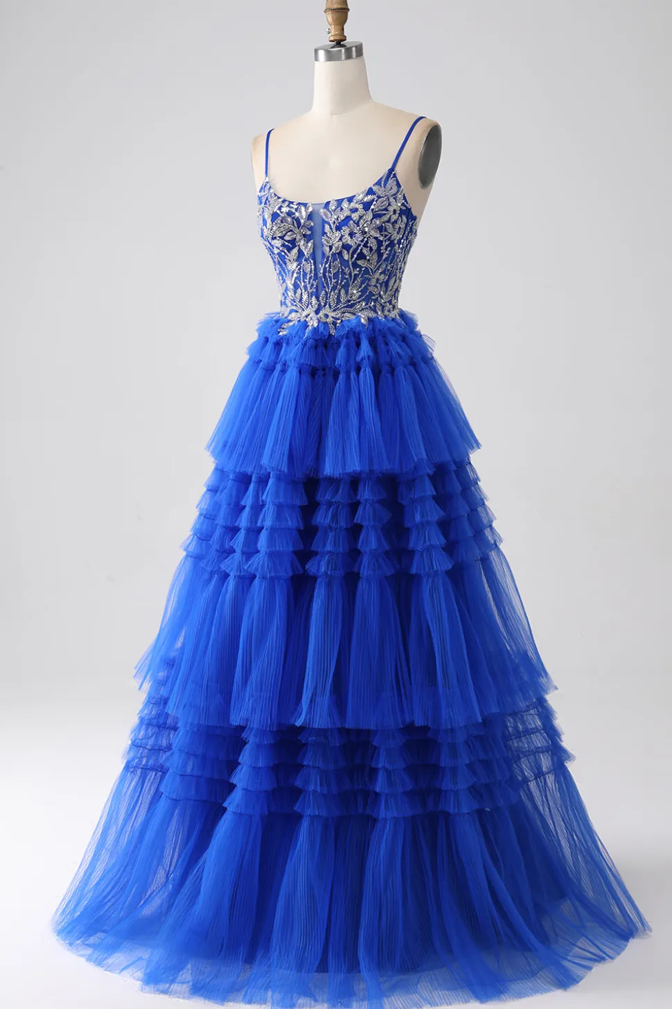 Vestido de baile de formatura azul real com lantejoulas