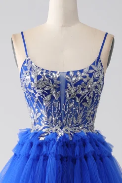 Vestido de baile de formatura azul real com lantejoulas