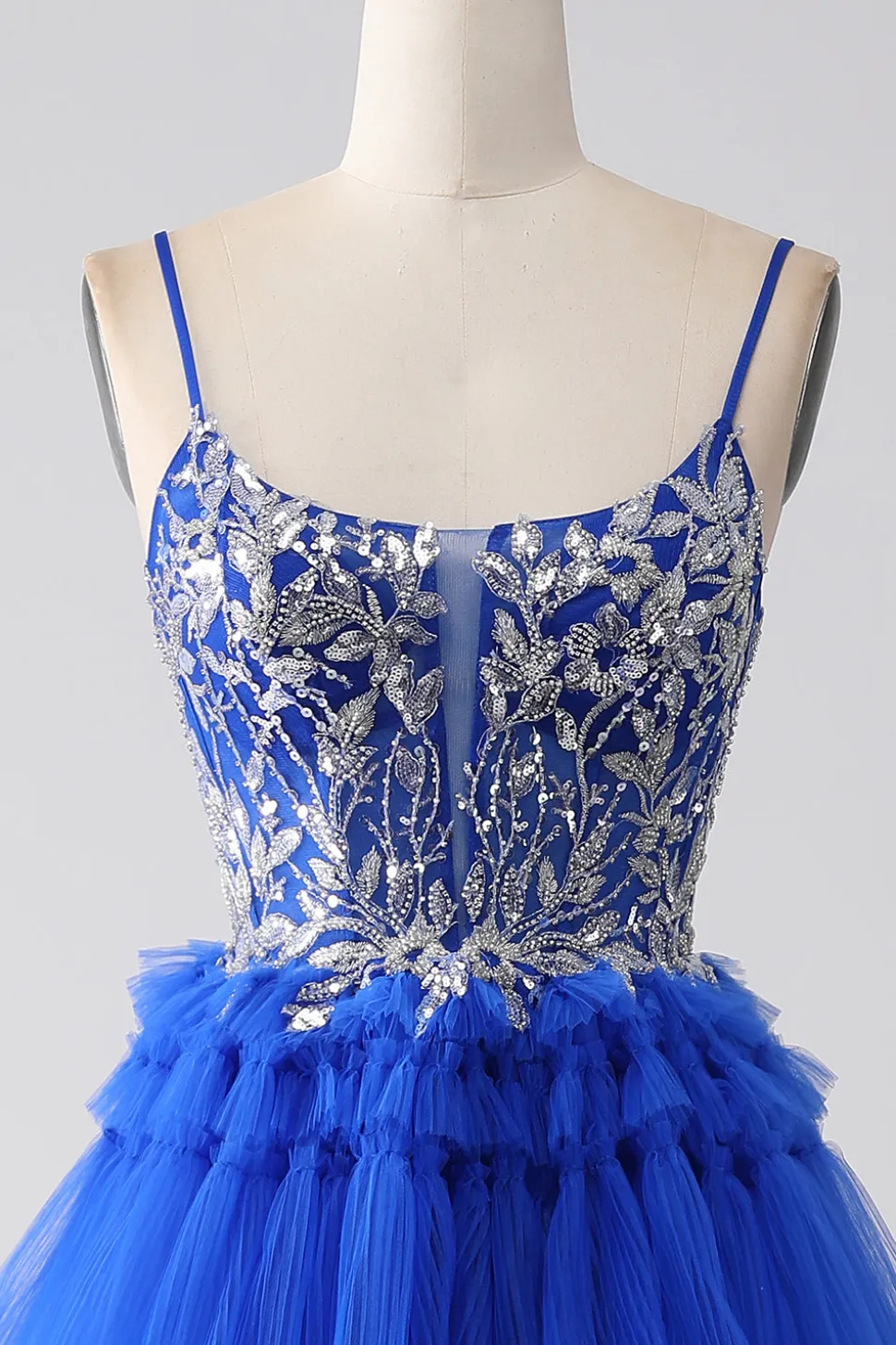 Vestido de baile de formatura azul real com lantejoulas