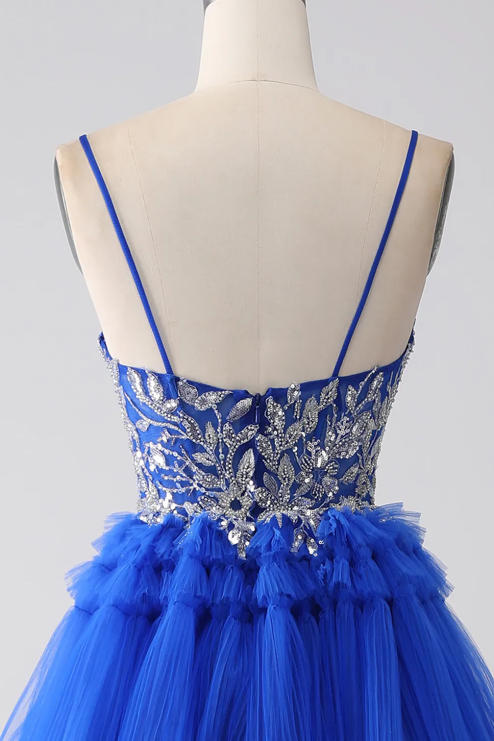 Vestido de baile de formatura azul real com lantejoulas