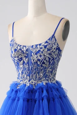 Vestido de baile de formatura azul real com lantejoulas