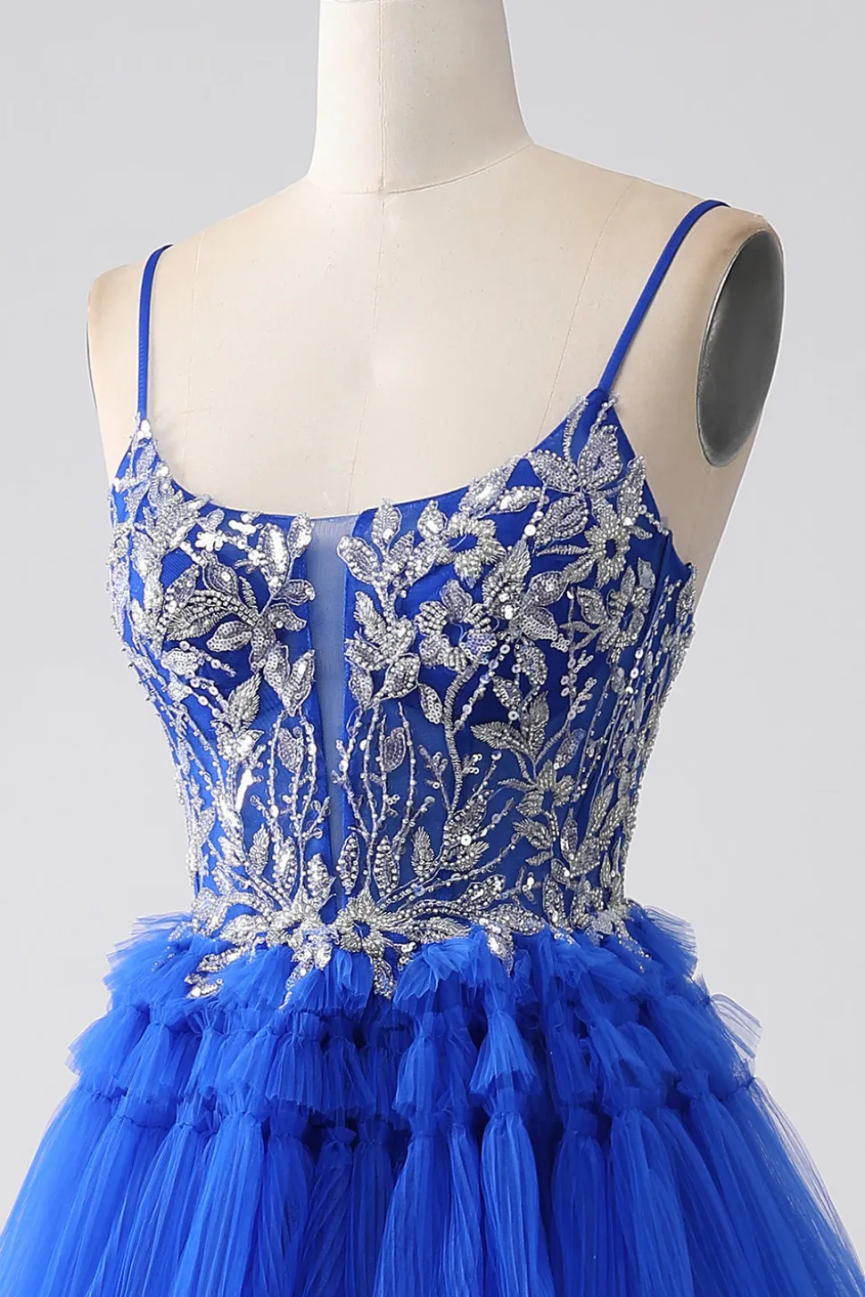 Vestido de baile de formatura azul real com lantejoulas