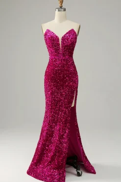 Vestido de baile de lantejoulas fuchsia sem alças