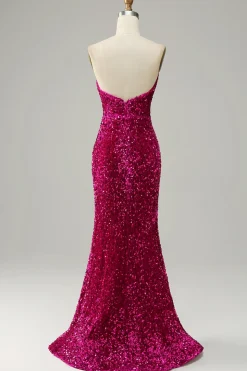 Vestido de baile de lantejoulas fuchsia sem alças