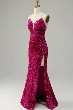 Vestido de baile de lantejoulas fuchsia sem alças