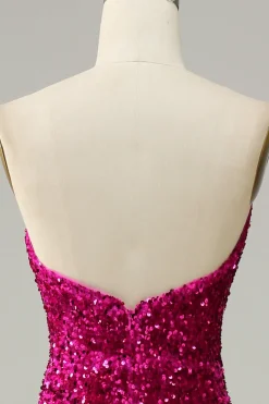 Vestido de baile de lantejoulas fuchsia sem alças