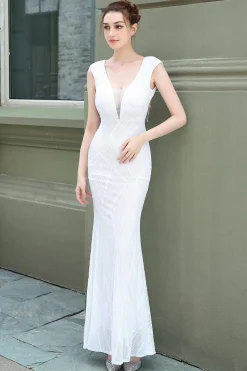 Vestido de baile de lantejoulas brancas de pescoço em V