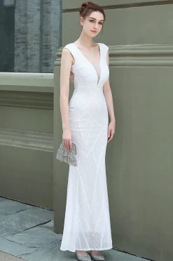Vestido de baile de lantejoulas brancas de pescoço em V