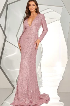 Vestido de baile de lantejoulas sem costas de manga comprida com fenda