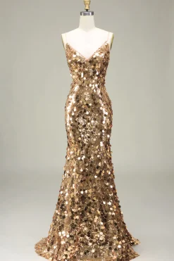 Vestido de baile de lantejoulas dourado brilhante sereia com fenda