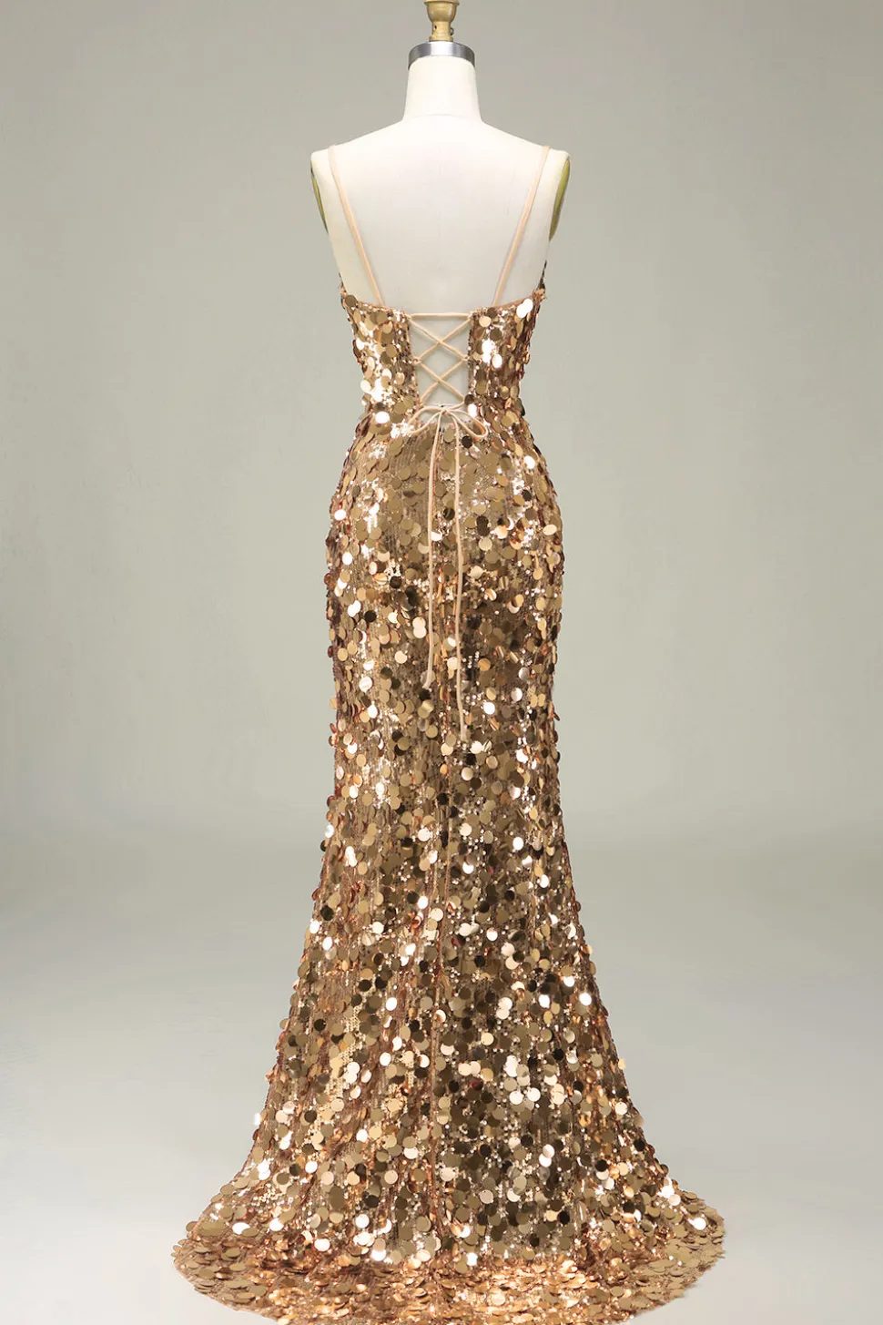 Vestido de baile de lantejoulas dourado brilhante sereia com fenda