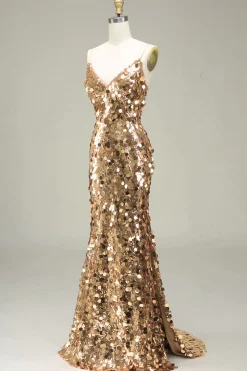 Vestido de baile de lantejoulas dourado brilhante sereia com fenda