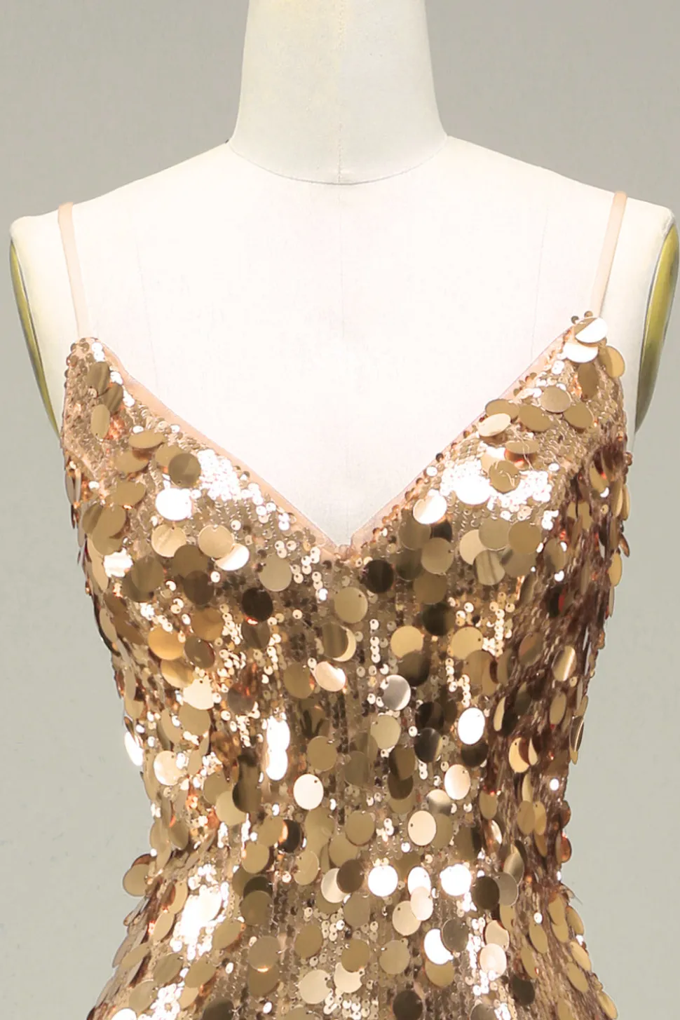 Vestido de baile de lantejoulas dourado brilhante sereia com fenda