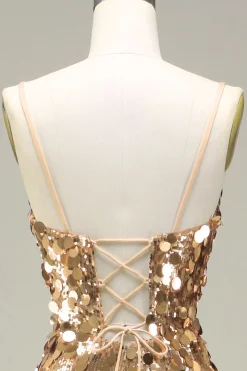 Vestido de baile de lantejoulas dourado brilhante sereia com fenda