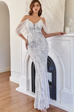 Vestido de baile de lantejoulas brancas de sereia brilhante