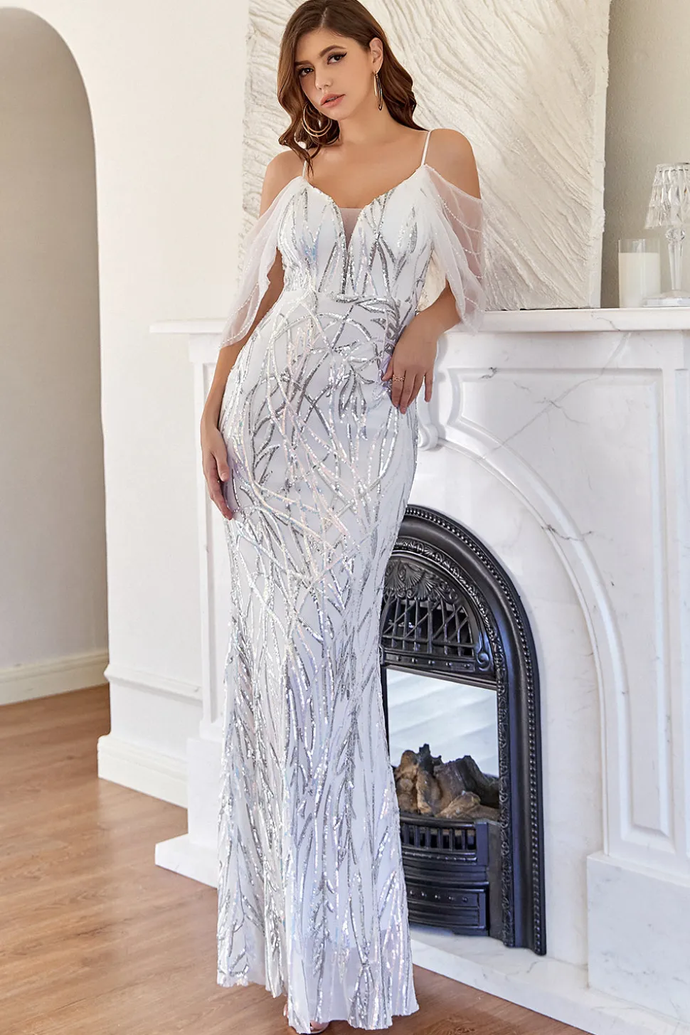 Vestido de baile de lantejoulas brancas de sereia brilhante