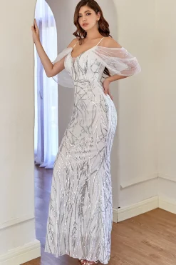 Vestido de baile de lantejoulas brancas de sereia brilhante
