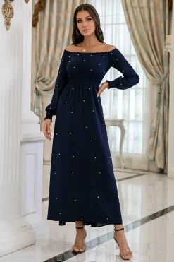 Vestido de baile de mangas compridas da Marinha com pérolas