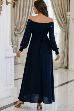 Vestido de baile de mangas compridas da Marinha com pérolas