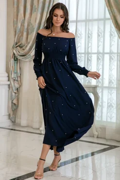Vestido de baile de mangas compridas da Marinha com pérolas