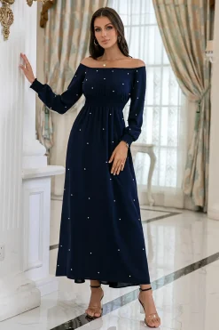 Vestido de baile de mangas compridas da Marinha com pérolas