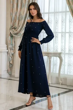 Vestido de baile de mangas compridas da Marinha com pérolas