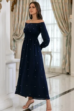 Vestido de baile de mangas compridas da Marinha com pérolas