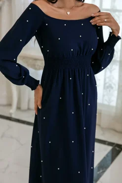 Vestido de baile de mangas compridas da Marinha com pérolas