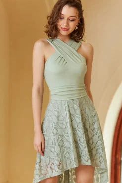 Vestido de baile de menta alta baixa com renda