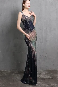 Vestido de baile de sequin de sereia de ouro v pescoço