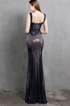Vestido de baile de sequin de sereia de ouro v pescoço