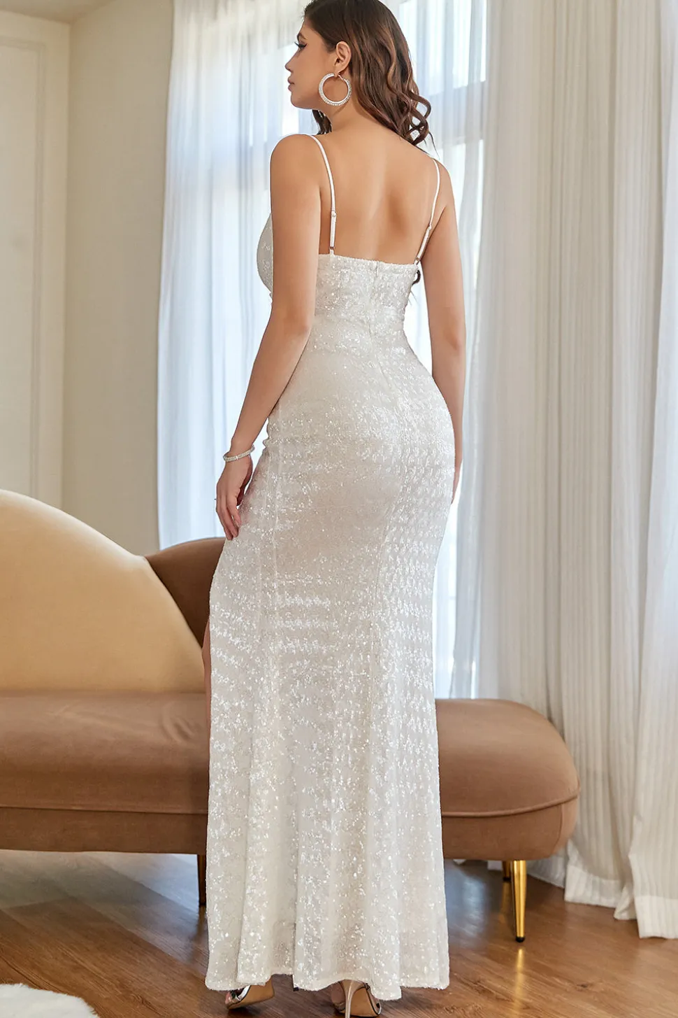 Vestido de baile de sereia de damasco com fenda