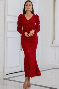 Vestido de baile de sereia borgonha com folhos