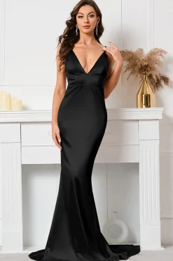 Vestido de baile de sereia sem costas preta