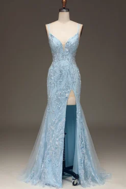 Vestido de baile de sereia de tule azul com frisado