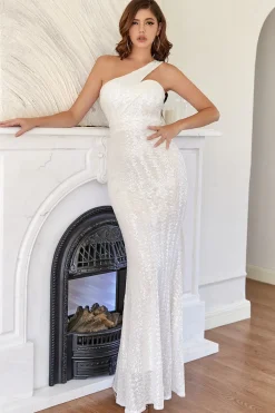 Vestido de baile de sereia de um ombro branco