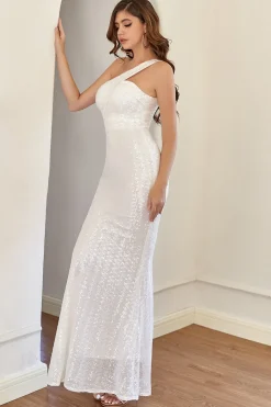Vestido de baile de sereia de um ombro branco