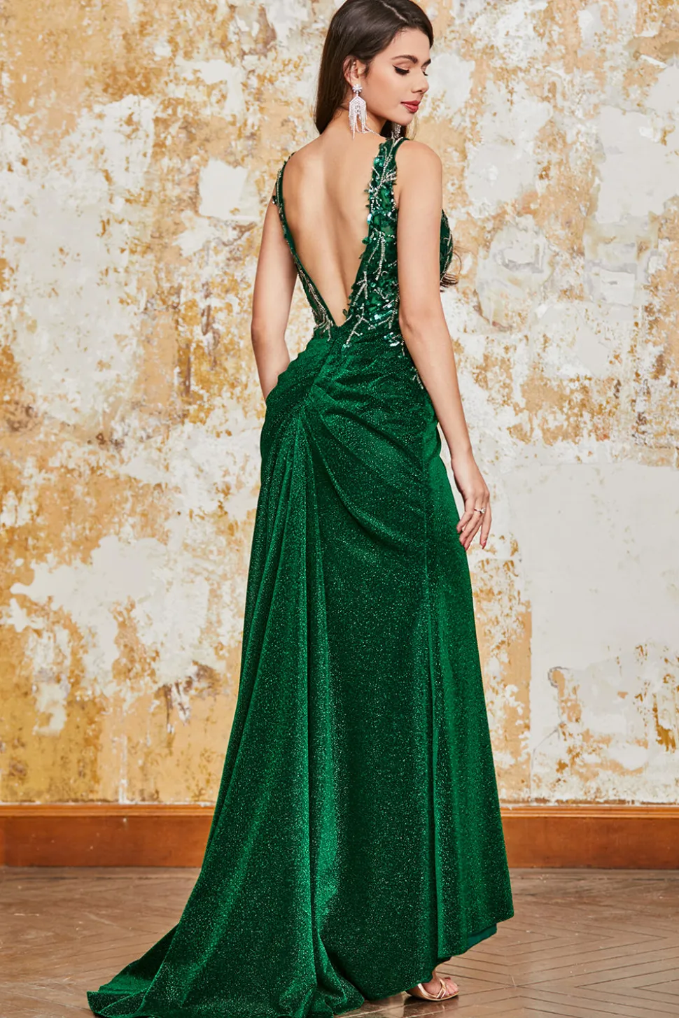 Vestido de baile de sereia verde escuro brilhante com fenda